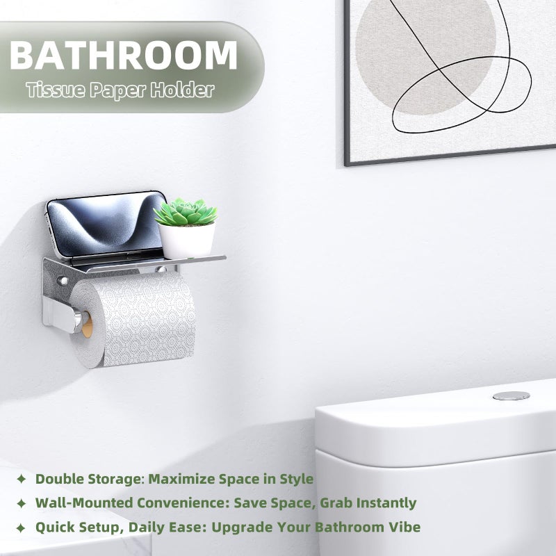 APLusee Toilet Paper Holder with Phone Shelf Polished Chrome, SUS 304 Stainless Steel Bathroom Accessories Tissue Roll Dispenser Storage Wall Mounted - Image 3